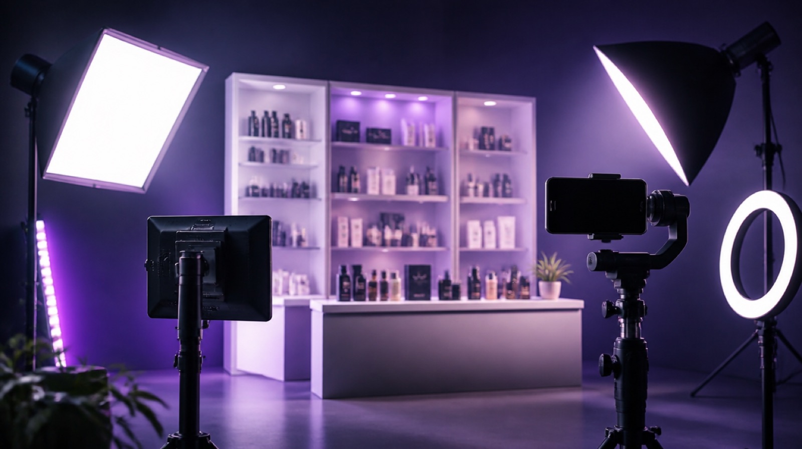 Estúdio de live commerce da BRX montado, com prateleira de produtos, iluminação e celular no rig.