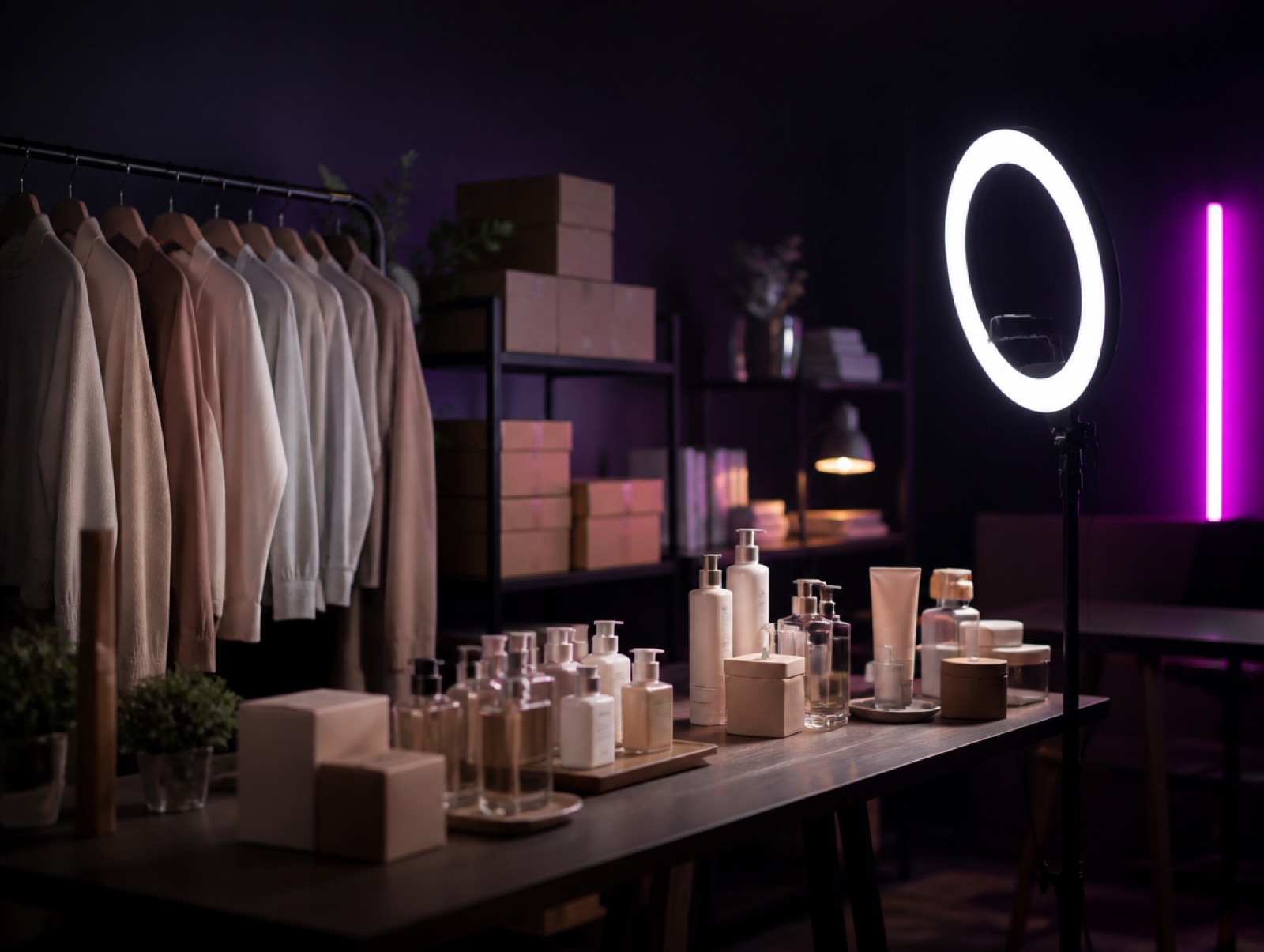 Set de live montado com arara de roupas, produtos e iluminação de estúdio.